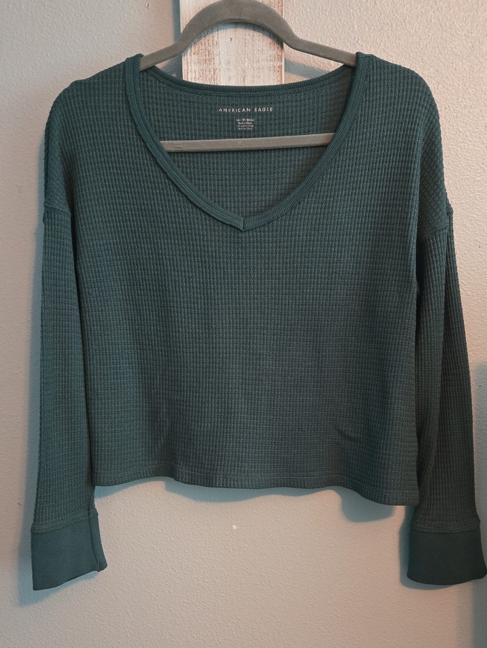 American Eagle Outfitters Women's Teal Green Waffle V-Neck Long Sleeve Top